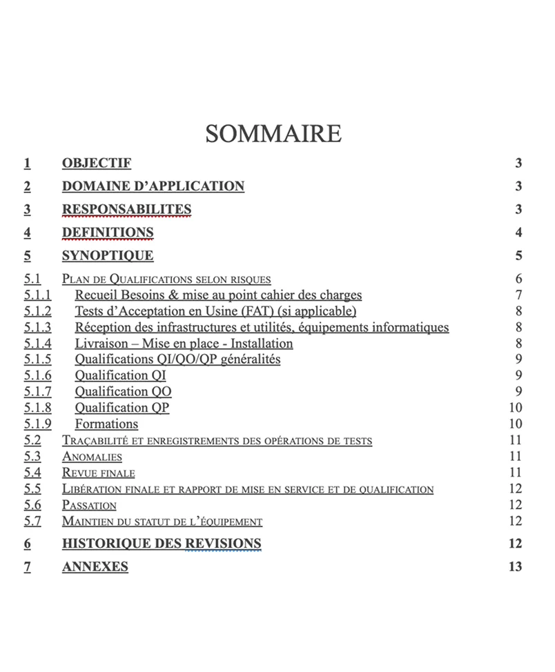 Sommaire d'un manuel qualité documenté